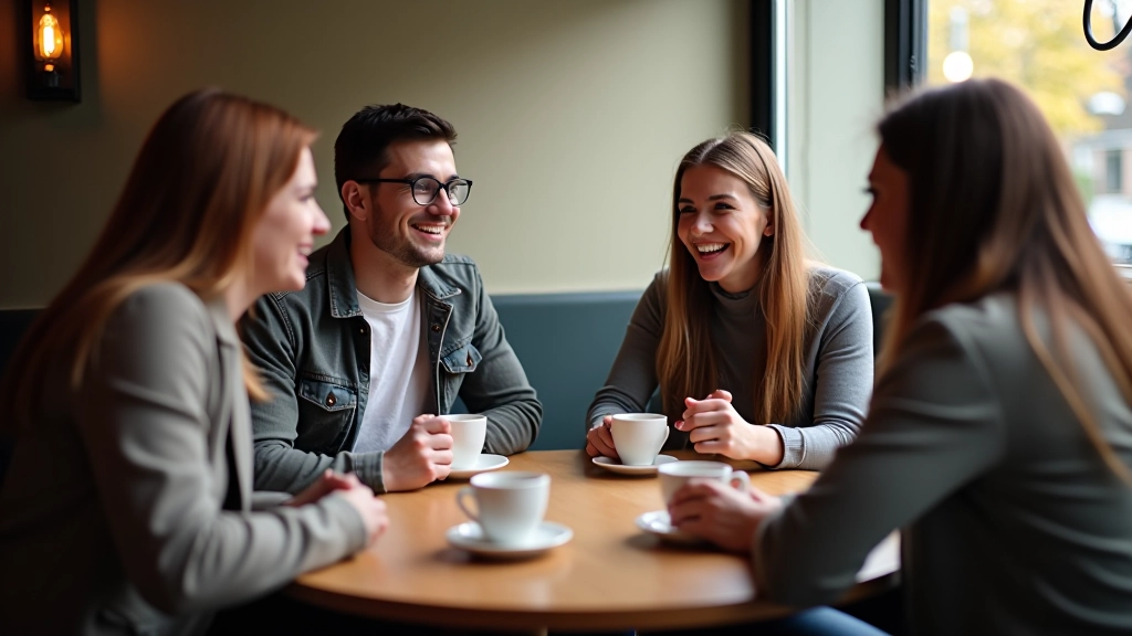 Groep van vier personen die rond een tafel zitten en Duits spreken