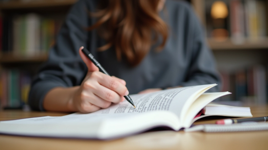 Duitstalige student onderstreept woorden in Duitse textboek, notitieboek ernaast, bibliotheekachtergrond