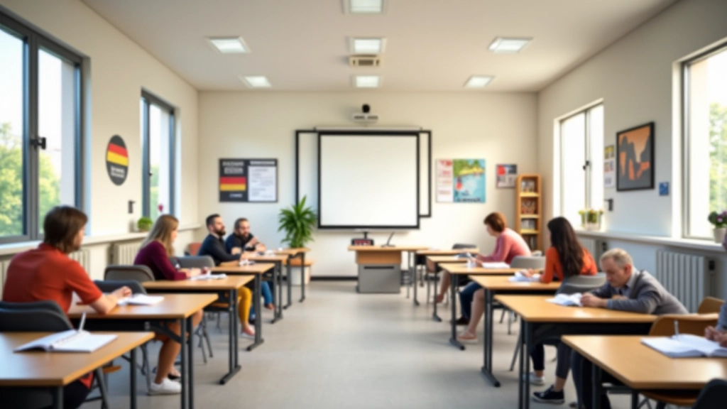 Modern taalschool klaslokaal met Duitse posters en leermateriaal aan de muur, helder daglicht