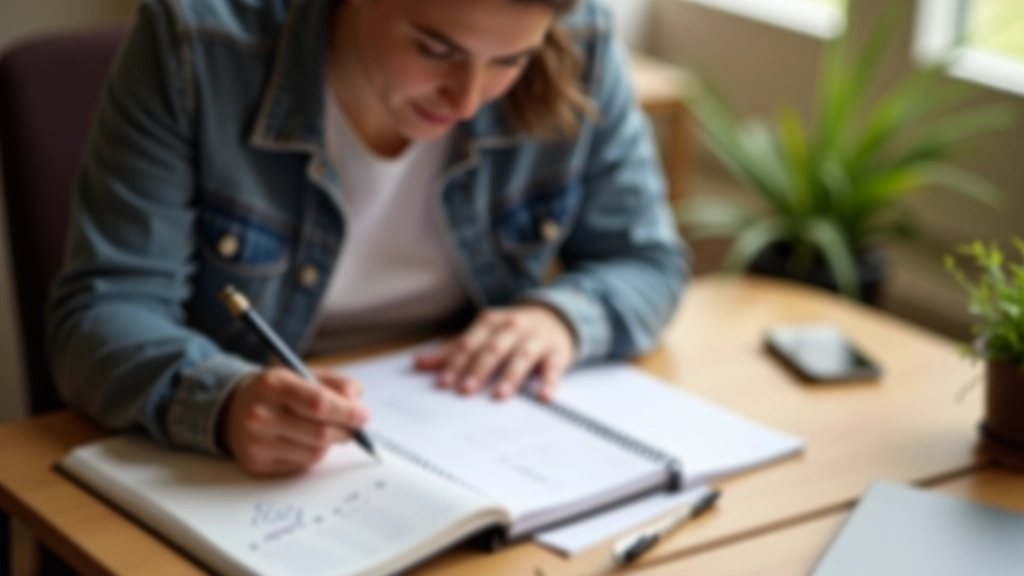 Iemand die notities maakt van voortgang in het leren van Duits met een schema van oefendagen en doelen