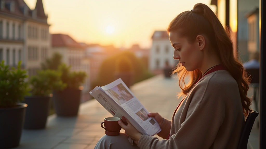 Persoon leest Duitse krant met koffie op terras, stadsachtergrond, ochtendlicht