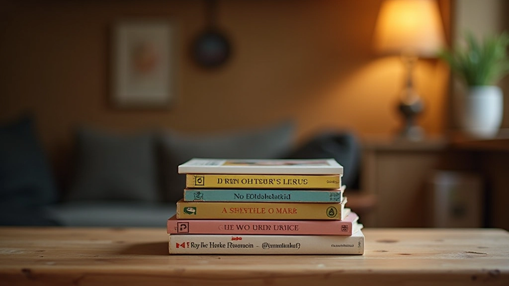 Stapel Duitse kinderboeken en jong-volwassenen romans op houten tafel, warme thuisverlichting