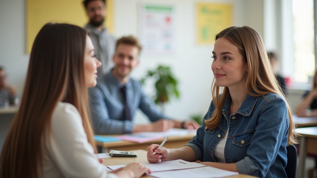 Conversatieklas in de praktijk, twee studenten voerden gesprek terwijl docent observeert, vriendelijke leeromgeving met Duitse posters