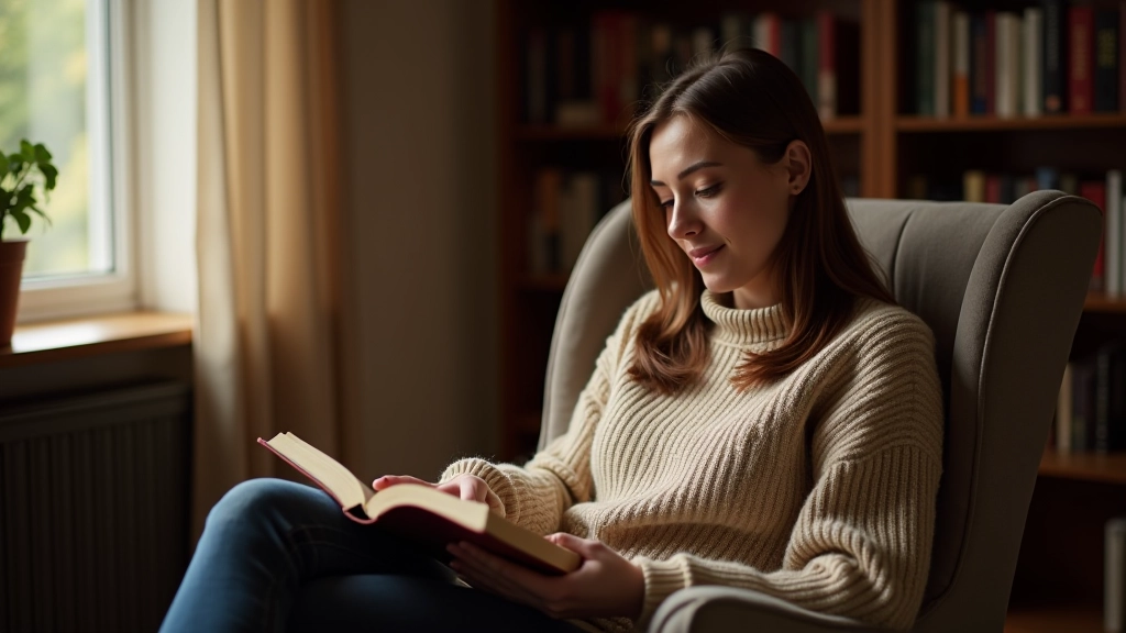 Vrouw leest Duitse boek in bibliotheek, concentratie op gezicht