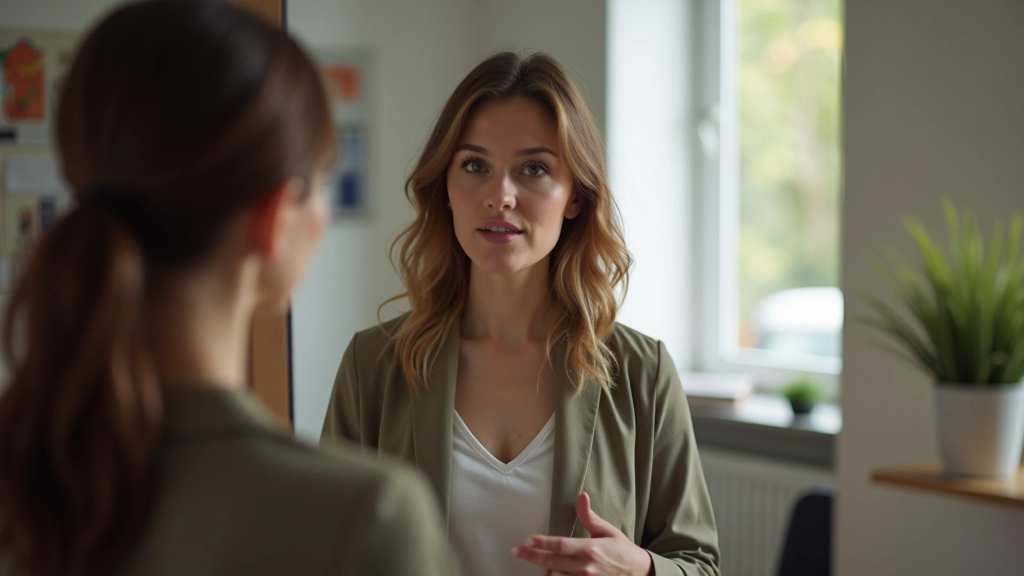 Vrouw die thuis voor de spiegel staat en oefent met spreken in het Duits, met notitieboek in hand
