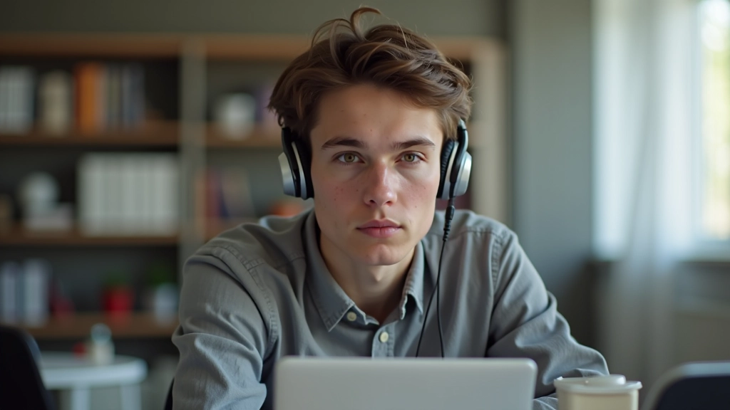 Jonge volwassene luistert naar Duitse uitspraakles op koptelefoon, concentratie op gezicht, studiokamer met taalkaarten